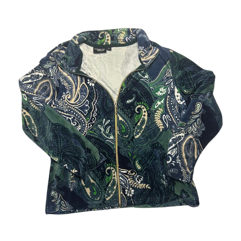 Onque Casual Large Velour Paisley Track Jacket Blue Green Y2K Boho Athleisure